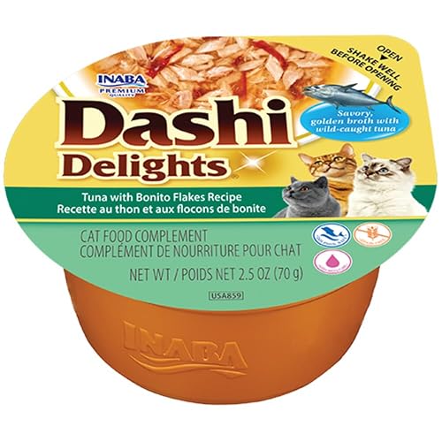 INABA Dashi Delights Gatos - Caldo Saludable con Copos de Atún, Queso y Bonito - Alto Contenido en Proteínas