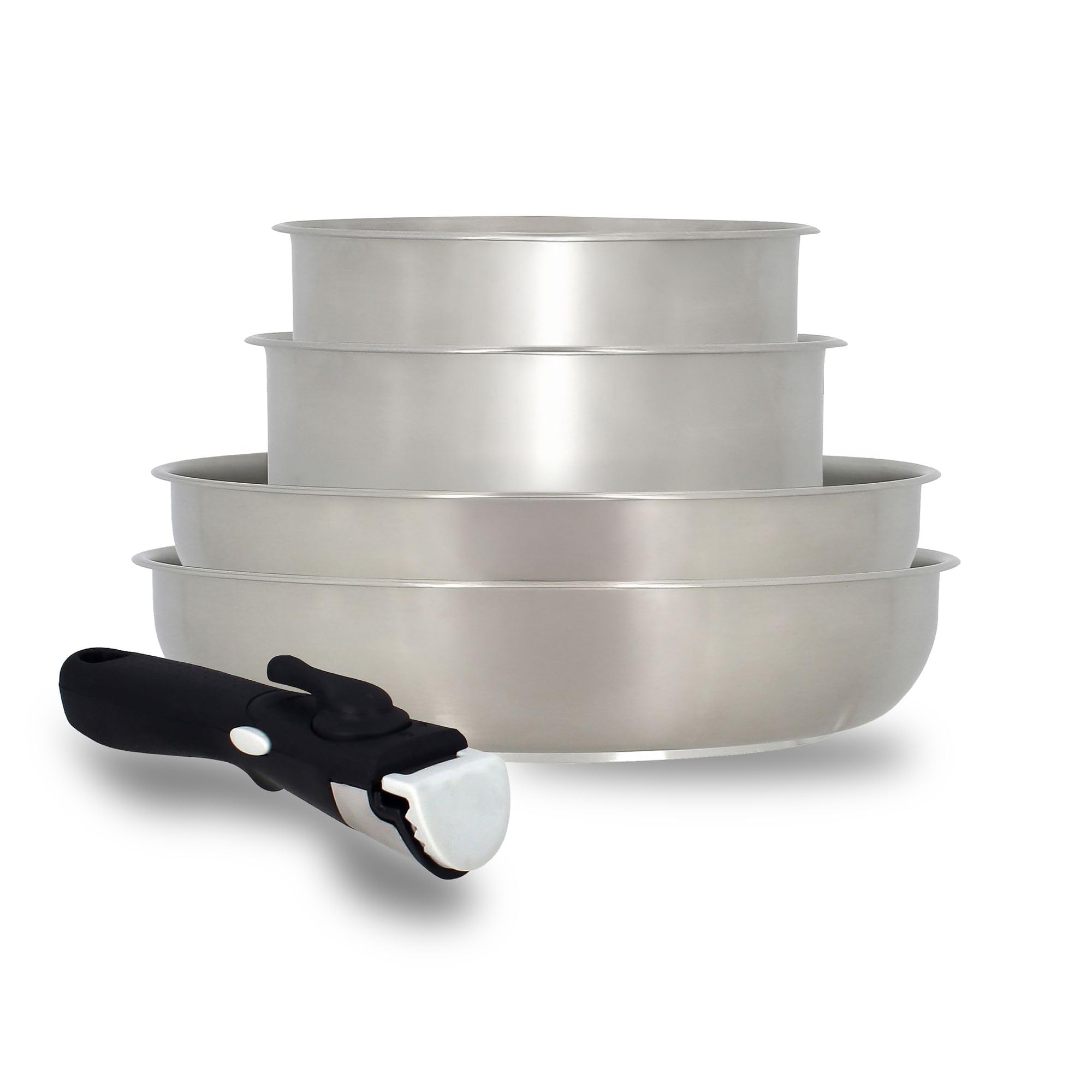 MENASTYL - Batterie de cuisine inox 18/10 amovible 5 pièces Iris Inox sans PFAS - Tous feux dont induction, four, réfrigérateur et lave-vaisselle - Empilable et résistante - Poignée double sécurité