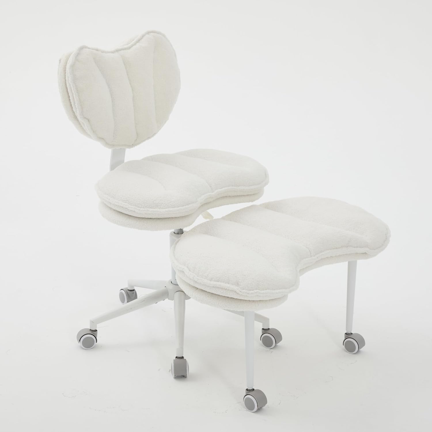 Cross Legged Office Chair with Wheels–360°Swivel Meditation Chair, Adjustable Height Yoga Office Chair for Adults, Ergonomic Kneeling Chair with Back Support for ADHD,Teddy Fabric Ivory