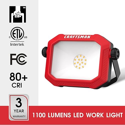 Miniatura 3 de CRAFTSMAN Luz de trabajo portátil inclinable LED de 1100 lúmenes 4000K en rojo con soporte giratorio de metal ajustable 2 en 1 y asa, lente de