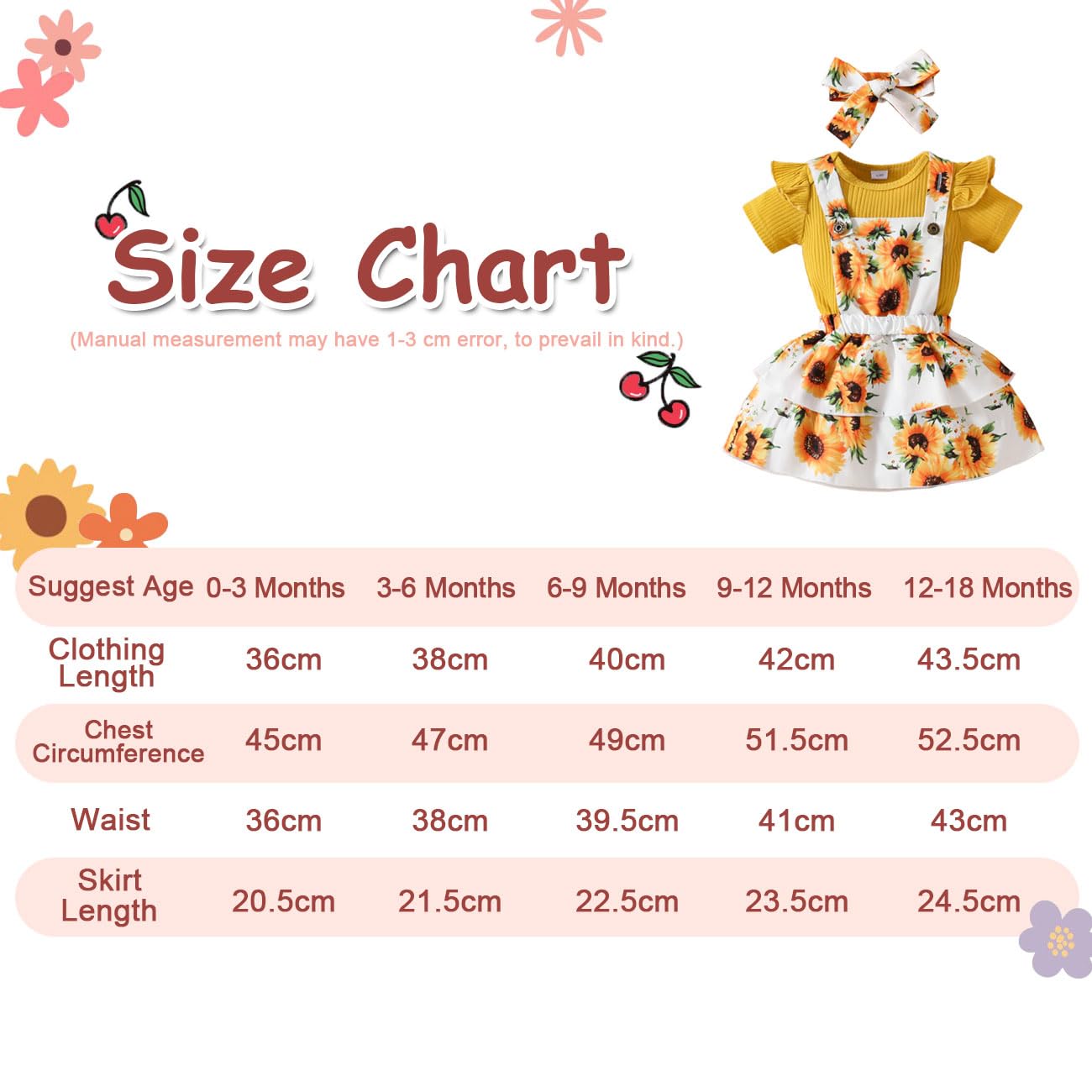 Ensemble de Vêtements Bébé Fille, Combinaison Manches Courtes Volants et Boutons Pression à l'entrejambe, Tournesol Extensible Bretelles Button Jupe Nœud Papillon Bandeau Tenue, 0-18 Mois