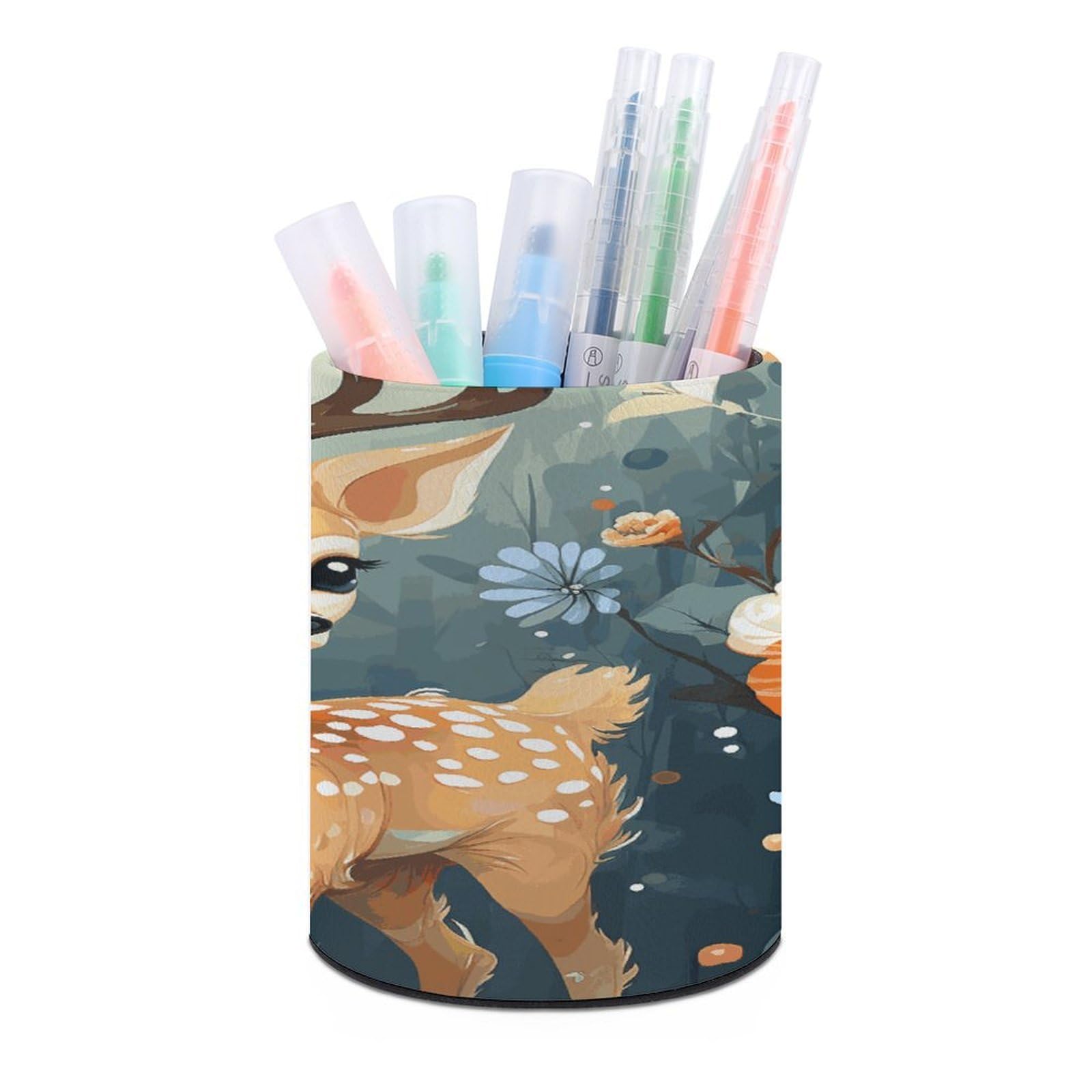 JTREHY - Cartoon Deer Flower Round Pen Holder Makeup Brush Holder PU Leather Cups Stationery Organizer Office Accessories Box