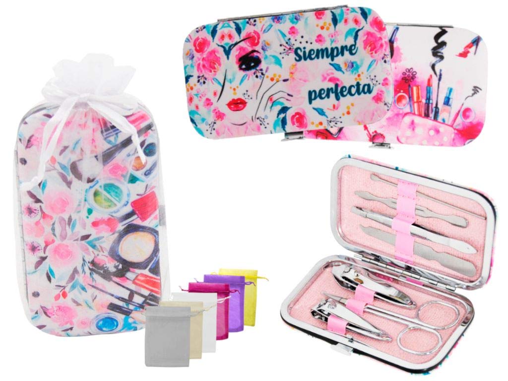 Lote de 10 Originales Estuches de Manicura de Piel en Bolsa de tull "Chicas". Belleza y Salud. Recuerdos y Complementos. Regalos Originales.Detalles de Bodas, Comuniones, Bautizos, Cumpleaños. DC.