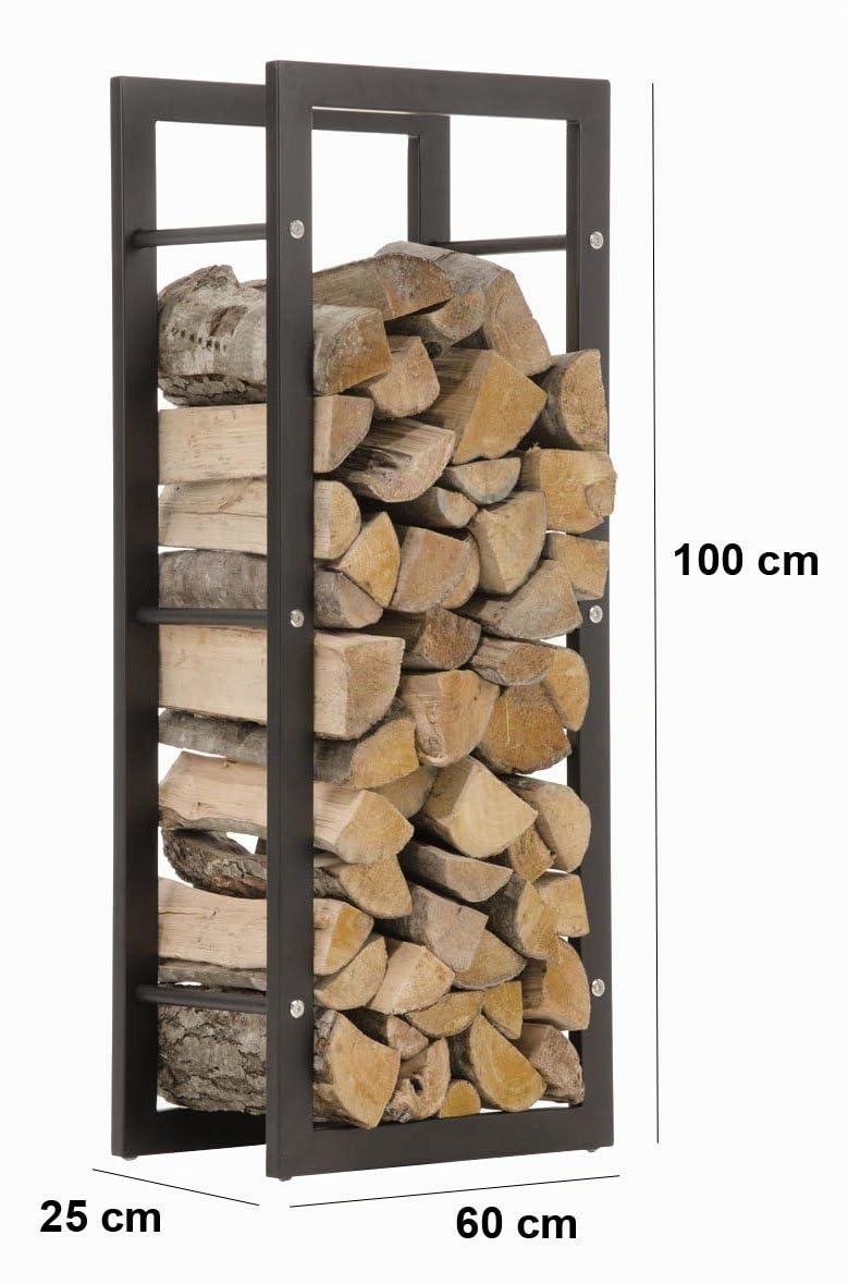 CLP Portalegna Keri in Metallo Nero Opaco I Supporto Legna per Camino in Acciaio Inox I Scaffale Legnaia da Interno Aperto, Dimensione:25x60x100 cm