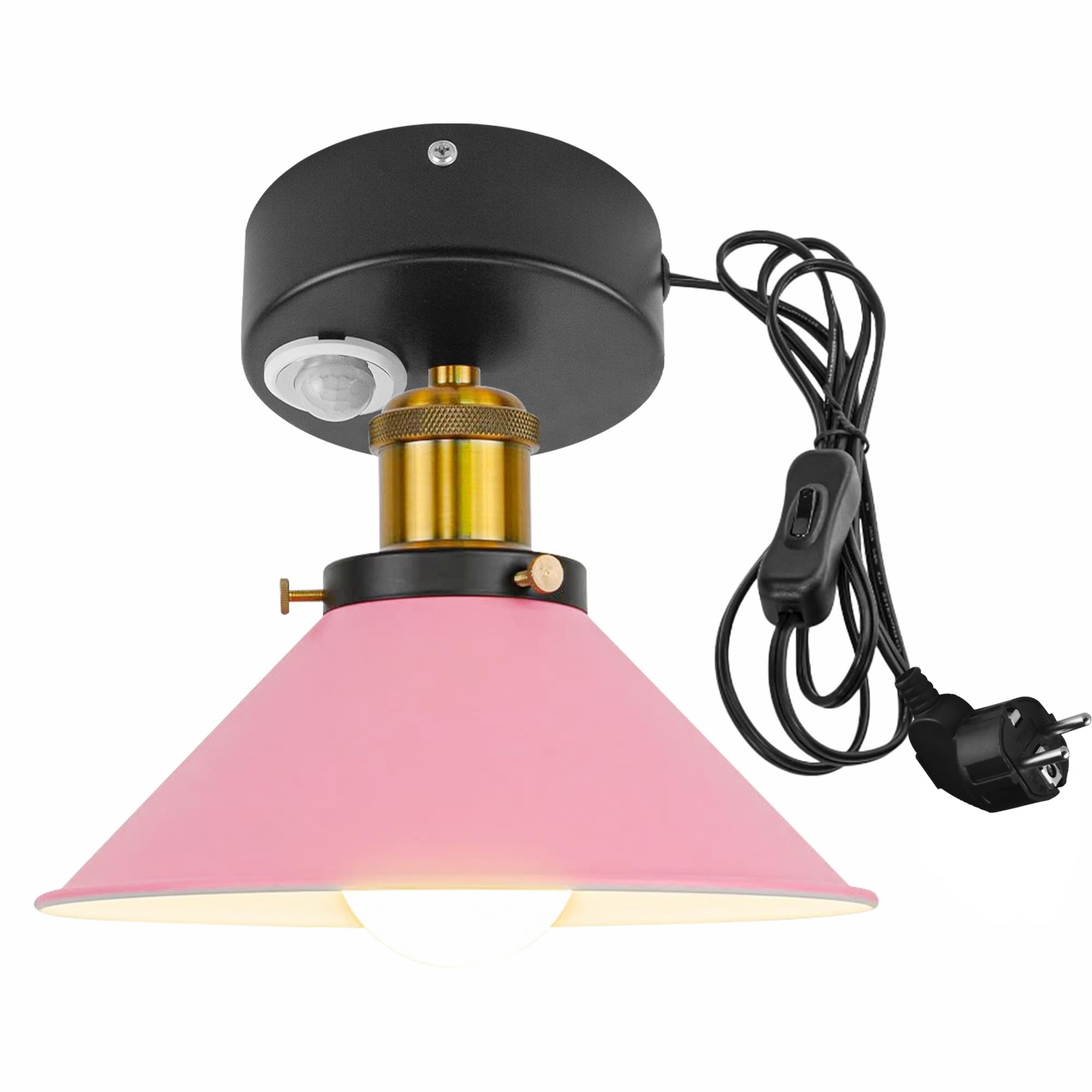 Plafoniera con sensore di movimento interno, in alluminio industriale, con sensore di movimento radar con cavo da 4,5 m e portalampada E27, per scale, garage, corridoio, bagno, rosa
