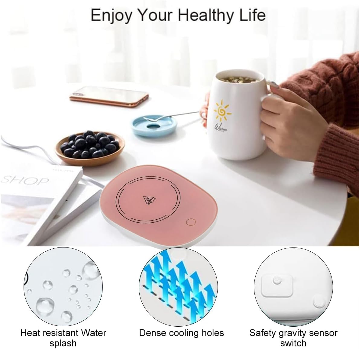 Scaldatazze,Scalda Bevande,Scalda Tazza,Scalda Tazza USB,Scaldatazze Caffè,per Caffè,Latte,Tè, Acqua,Regalo di Natale,Ldeale per la Stagione Invernale,Rosa