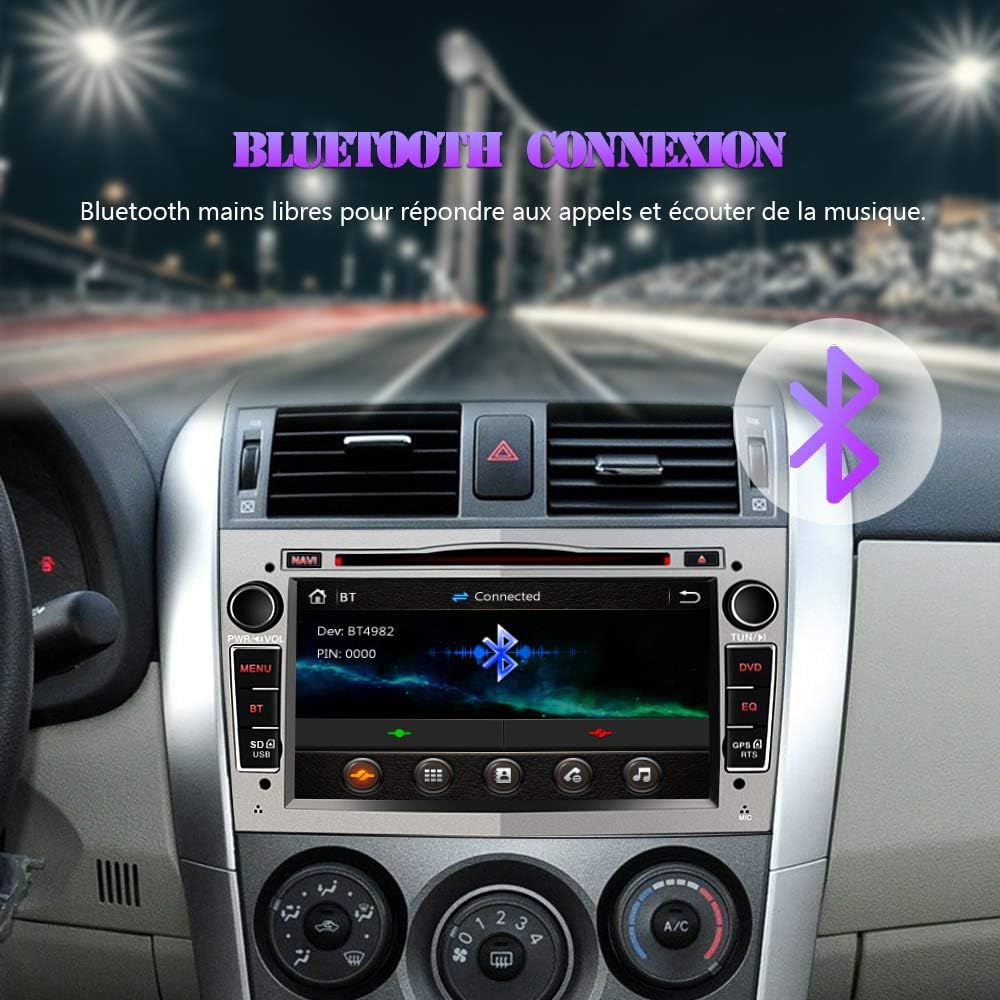 AWESAFE car stereo displaying a Bluetooth connection screen in a car dashboard.