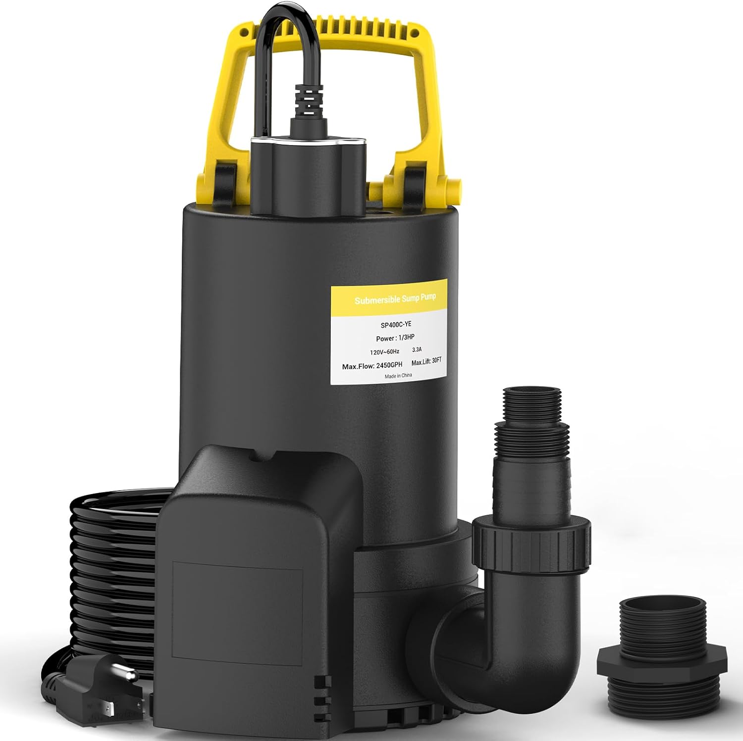 1 HP Submersible Water Pump, 3450 GPH Sump Pump with 10FT Cord, 120V Thermoplastic Electric Water Pump High Flow Water Removal for Swimming Pool Draining, Flooded House, Basement, Hot Tubs
