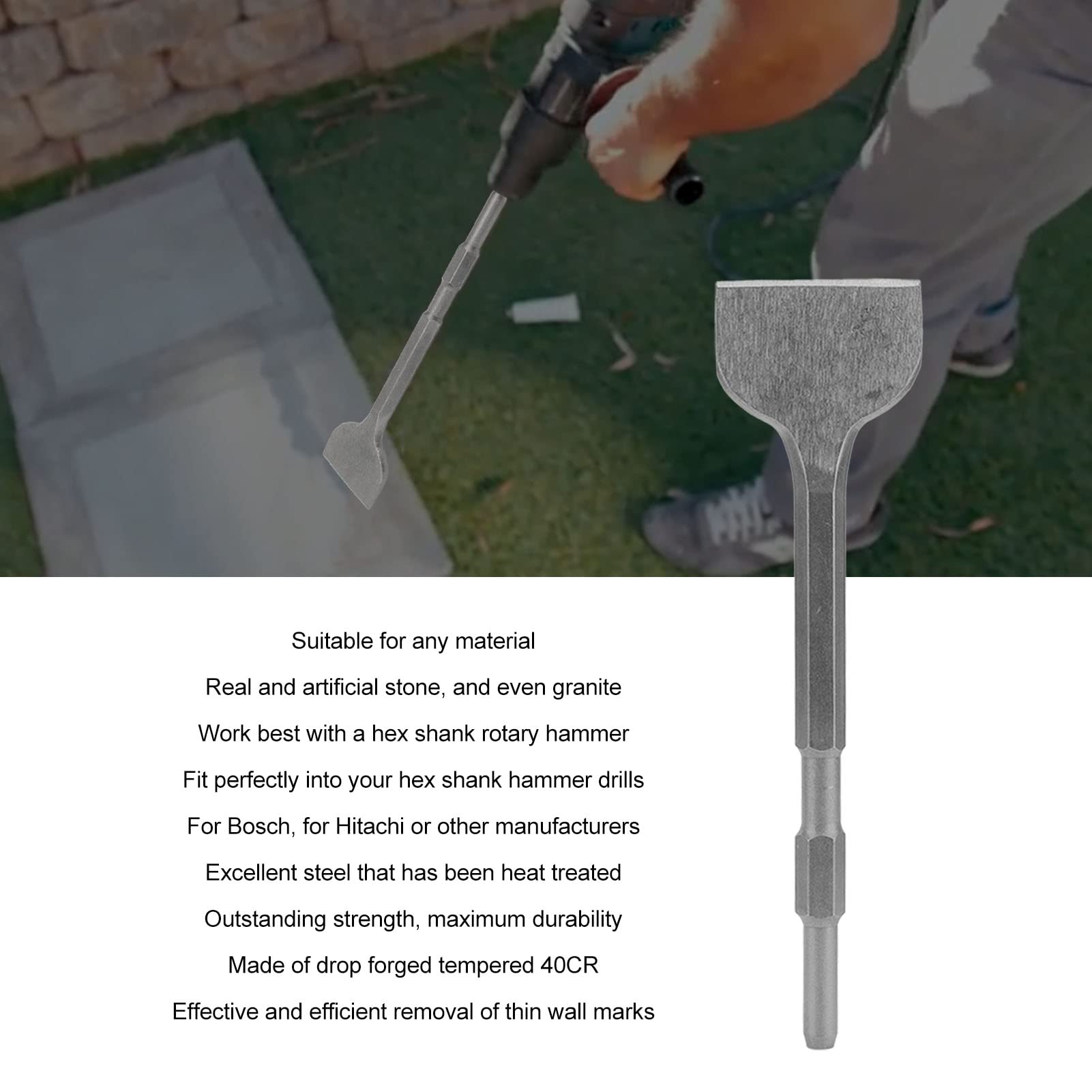 Scalpello per rimozione, utensile da demolizione per scanalature, codolo esagonale acciaio 40Cr temprato, efficiente per muratura e calcestruzzo