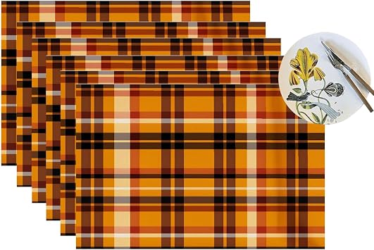 Brown Buffalo Plaid Waterproof Non-Slip PVC Placemats Set of 6 - Heat-Resistant & Washable Rectangle Table Mats for Kitchen Dining, Outdoor Party