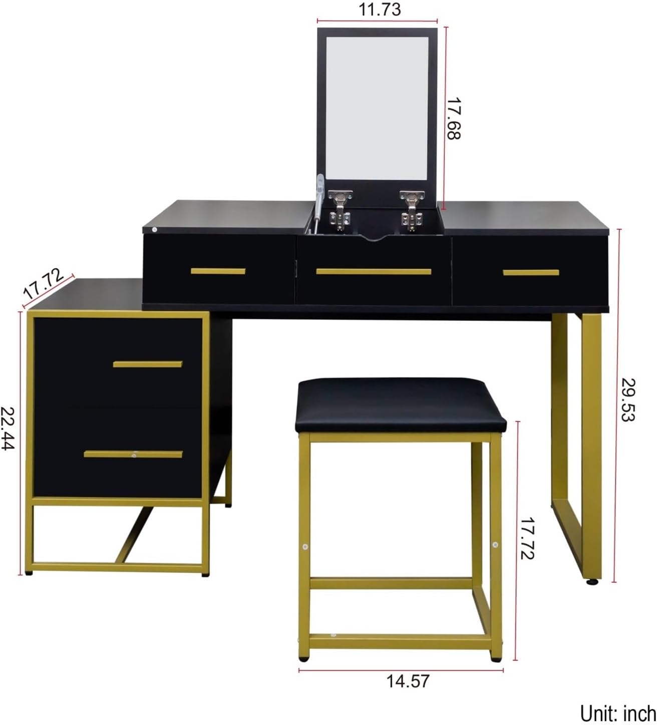 Makeup Vanity Set with Mirror, Dresser Table Nightstand, 4 Drawers,Black/White Color Gift for Women(Black)