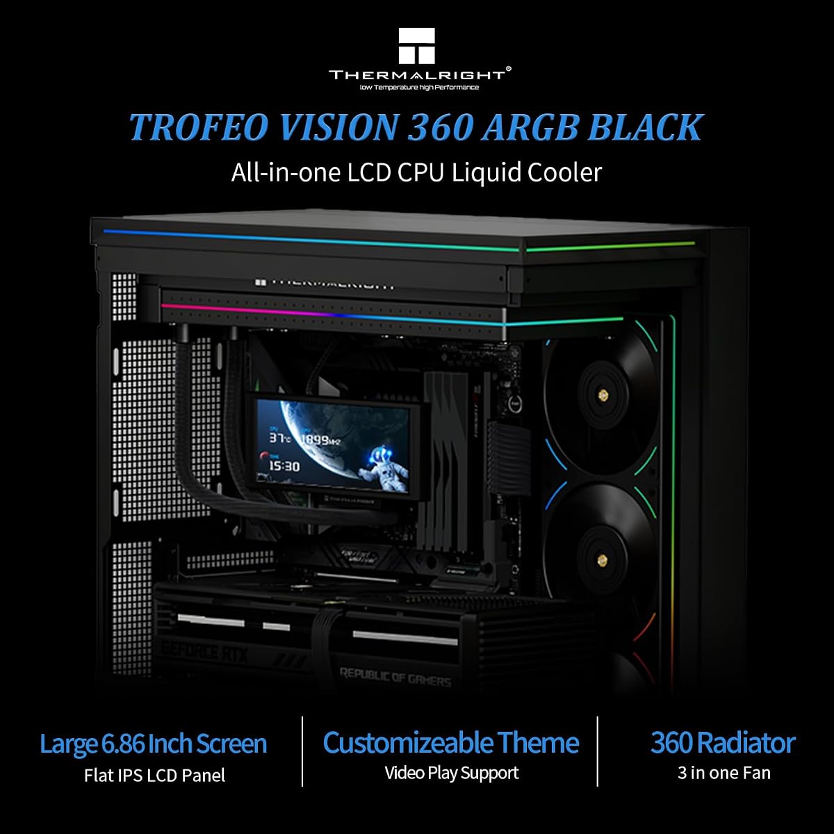 Thermalright Trofeo Vision 360 ARGB Black CPU Liquid Cooler, 6.86-Inch Magnetic IPS LCD Screen with 1280x480 Resolution, Free to DIY a Variety of Themes, Compatible with AM4/AM5, Intel LGA1700/1851