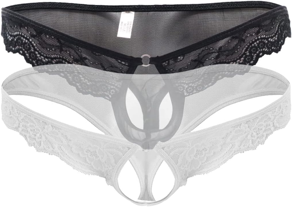 VemeFufu String voor heren, sexy, grappig, kant, slip, slip, heren, mankini, driehoek, open slipje aan de voorkant, gaas, gat, ondergoed, voor mannen, eenheidsmaat, Blauw 01, One size