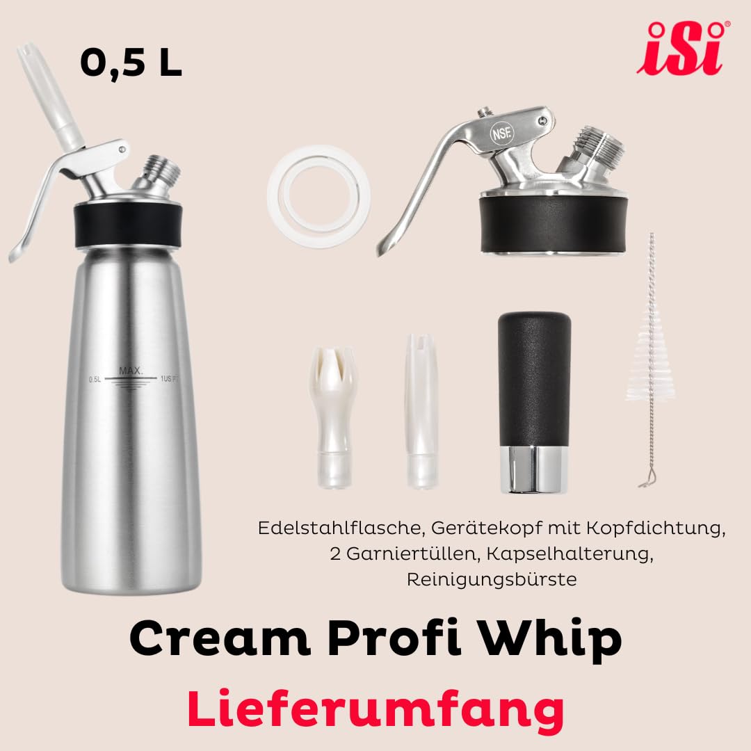 iSi 1630 Sahnespender 500ml Cream Profi Whip 0.5L, Aus hochwertigem Edelstahl rostfrei, Betrieb mit iSi sahnekapseln, Für Sahne & weitere kalte Anwendungen, Spülmaschinenfest