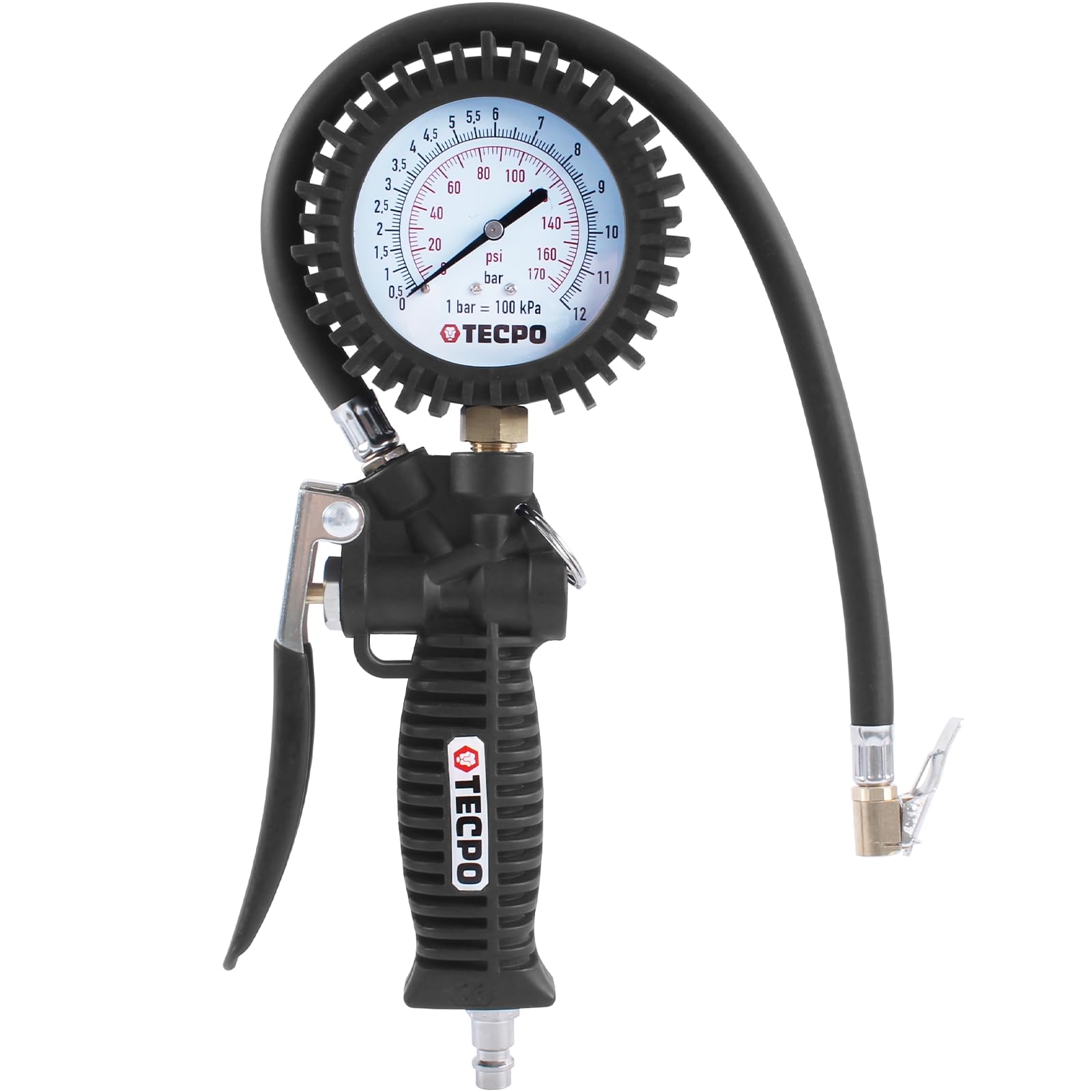 TECPO Druckluft Reifenfüller 0-12 Bar Reifenfüllpistole 0-170 PSI Reifen Messgerät 1/4 Luftdruck Anschluss