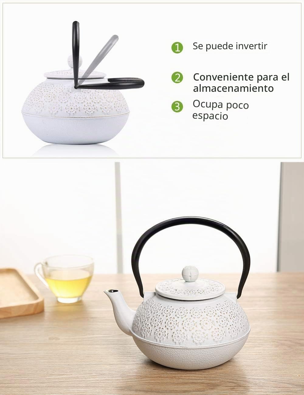 Tetera de hierro fundido con infusor, tetera japonesa, 800 ml, para 4 tazas, blanco