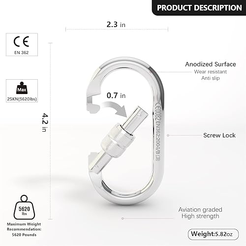 Miniatura 2 de Heavy Duty Carabiner Steel O Ring Locking Carabiner 25KN (About 5620 lbs) Screw Lock Carabiner Carabiner Clip for Rock Climbing, Mountaineer, Aerial