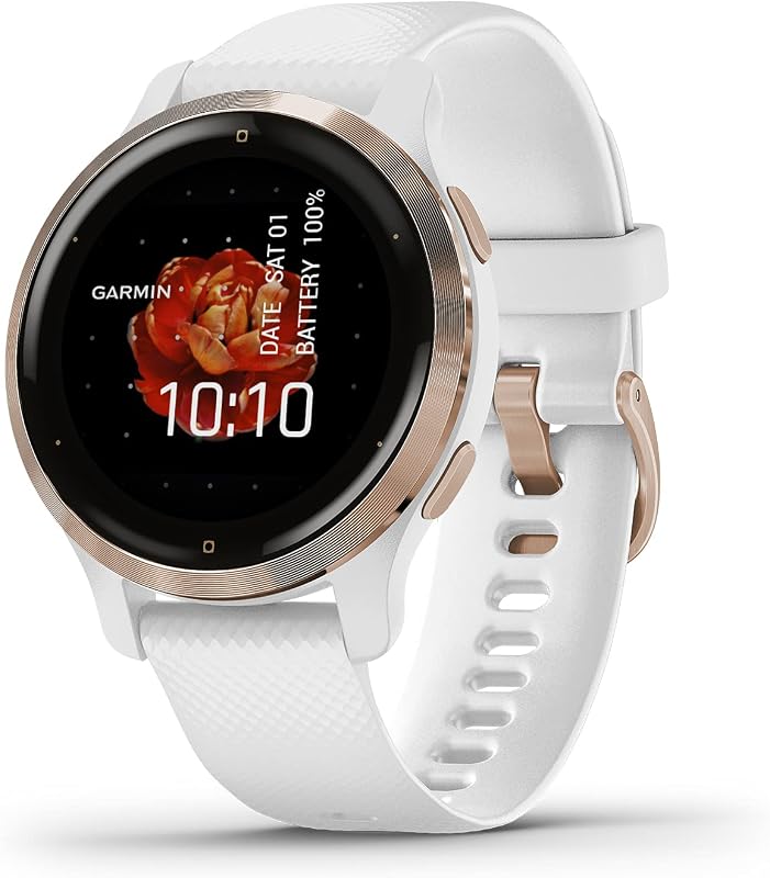 Garmin Venu 2S, reloj inteligente GPS de tamaño más pequeño con funciones avanzadas de monitoreo de salud y estado físico, bisel en oro rosa con caja blanca y correa de silicona, (010-02429-03)