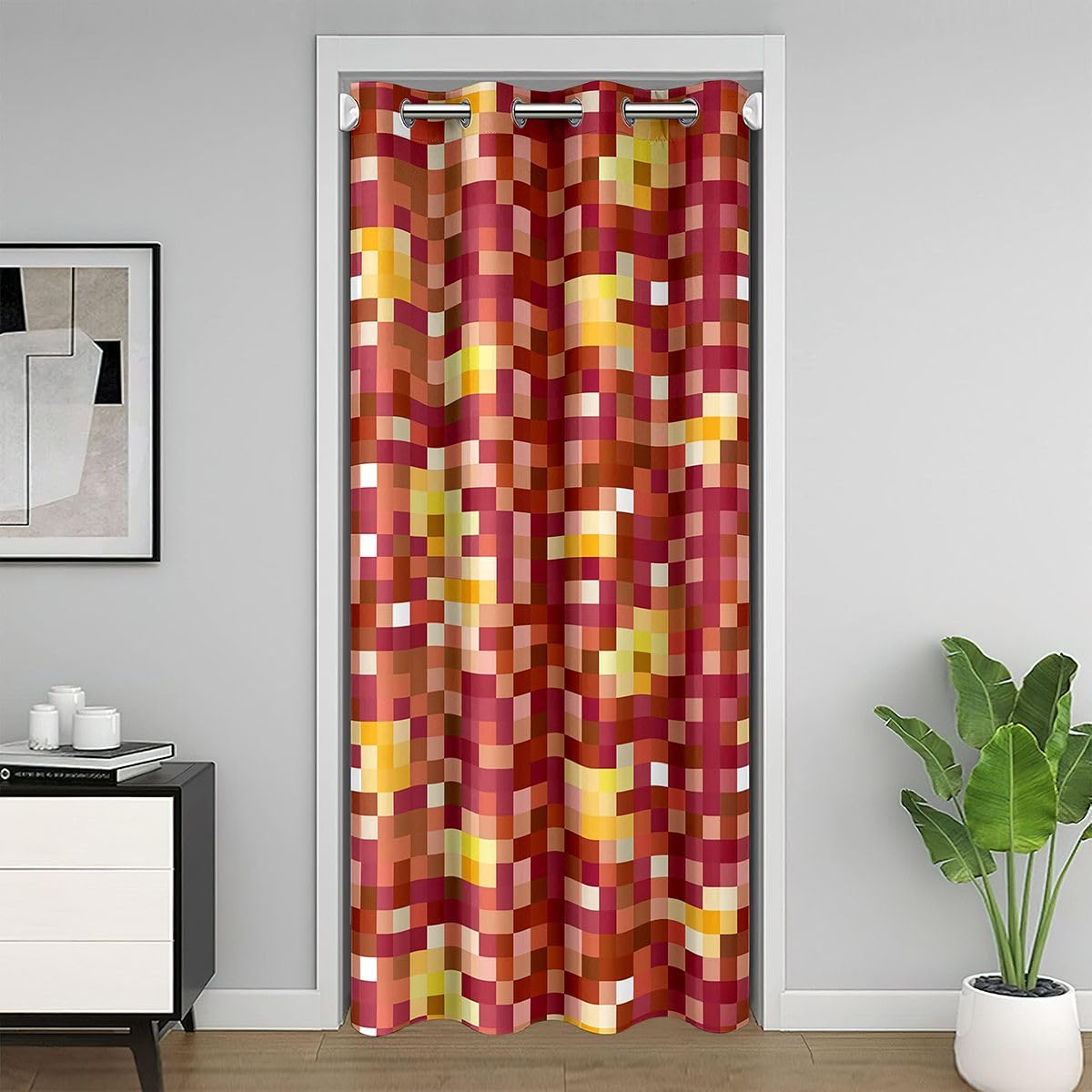 Rideau de porte géométrique 106x213 cm rouge et marron pour chambre garçon
