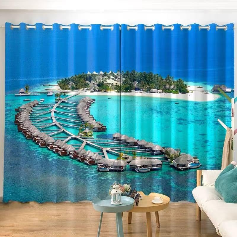 Rideaux occultants decoration pour salon et chambre d'enfant motif île bleue