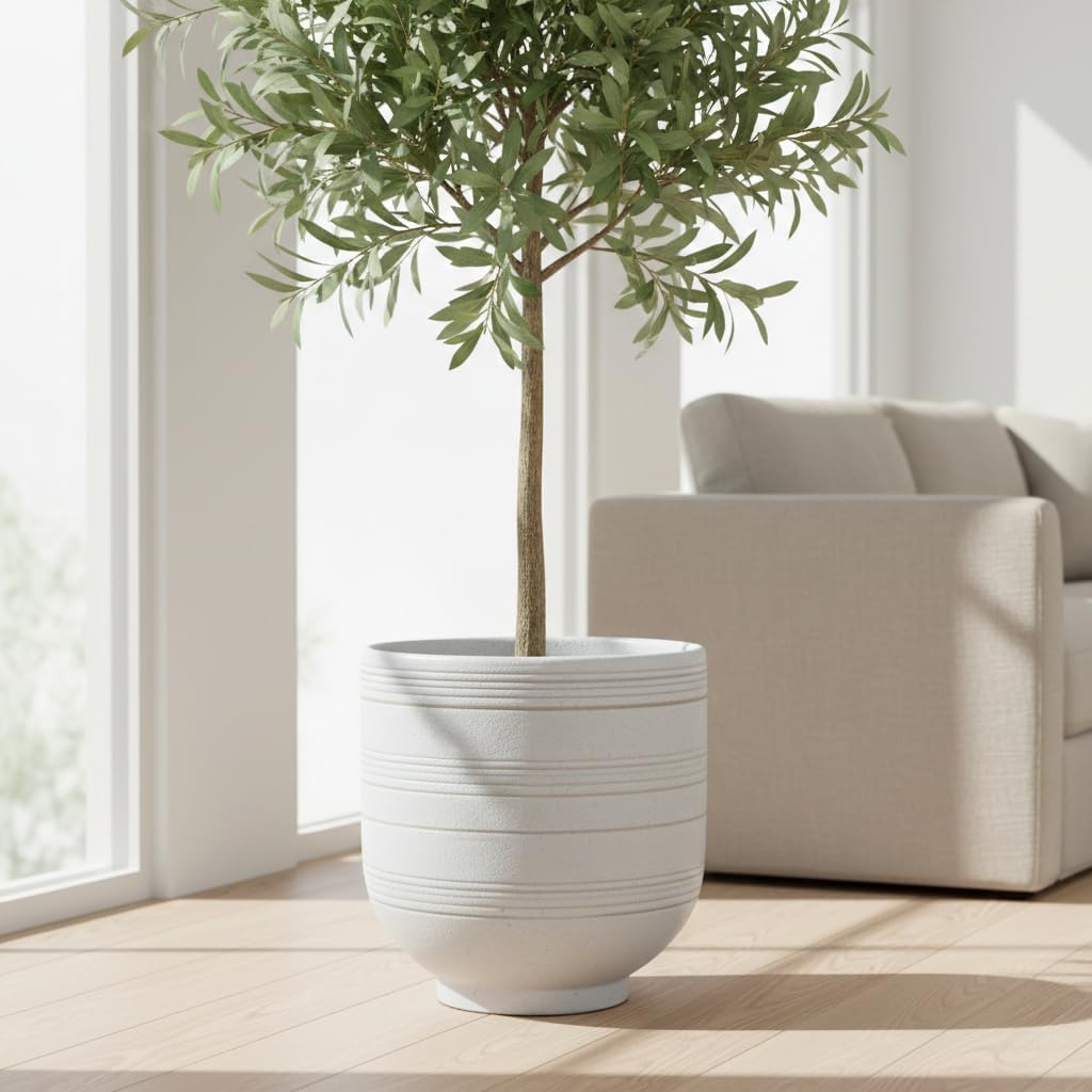 HERDUK Large White Ceramic Planter for Indoor Trees, Modern Indoor Floor Planter Pot for Olive Trees & Faux Olive Trees, Pottery Planter with Drainage for Real Plants
