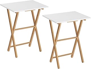 Folding TV Tray Table, Set of 2 Side Table for Small Space, Portable Snack Tables for Eating at Couch, Sofa Side Table, Easy Assembly and Store, Space Saving, White and Natural YW355BZP201