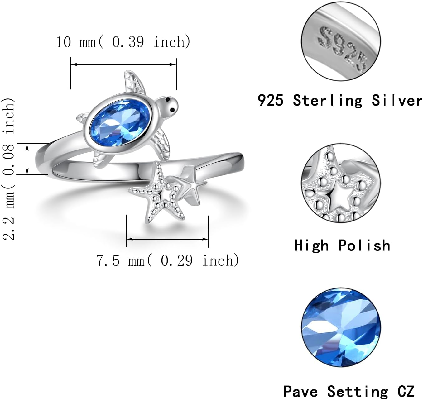Adjustable Sea Turtle Starfish Ring 925 Sterling Silver for Women-Ocean-Themed Beach Jewelry-Boho Coastal Summer Ring - Image 7