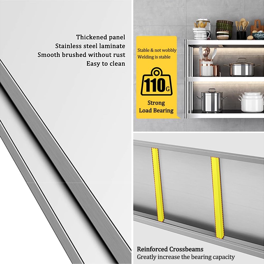 Edelstahl Wand Regale, Wandmöbel Plat Organisation Regal, Schwerlast Schwebend Hängend Montieren Lagerung Gestell Für Restaurant Bar Heim Küche (Farbe : Silver, Größe : 90x40x75cm)