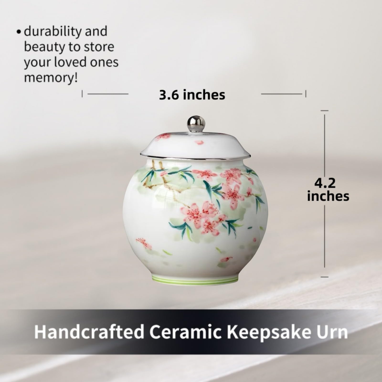 Urna pequeña de recuerdo para cenizas – Urna pequeña de cerámica con flores para humanos, urna funeraria de 4.2 pulgadas para adultos, niños, mascotas, capacidad para 15 pulgadas cúbicas –