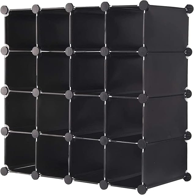 AMOS 16 Pair Interlocking Cube Shoe Storage Rack Organiser with Back Panels Space-Saving Adjustable Modular Slot Shelf Box Unit Boots Trainers Display Stand Holder (Black)