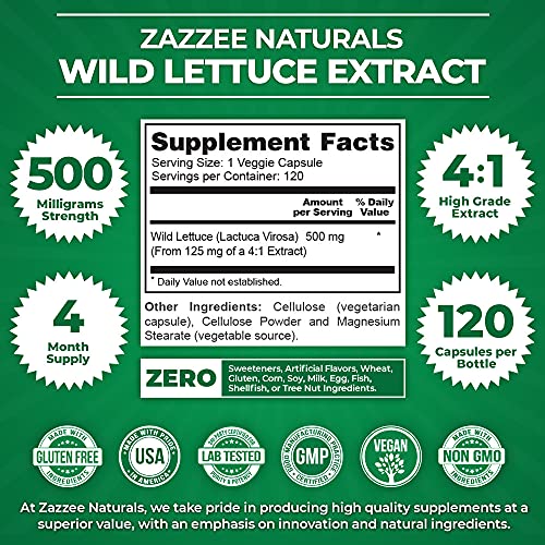 Zazzee Wild Lettuce Extract, 500 Mg Strength Per Capsule, 120 Vegan Capsules, Most Potent Lactuca Virosa Variety, Powerful 4X Extract, Vegan And Non-Gmo #TOP1