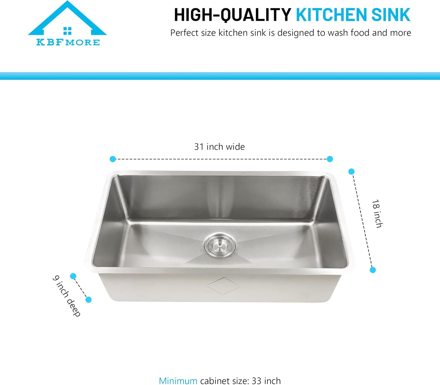 KBFmore 18 Gauge 31 Inch Single Bowl Undermount Stainless Steel Kitchen Sink, Rust Resistant Sound and Heatproof Laser Cut Tight Radius Sink for Indoor or Outdoor Kitchens