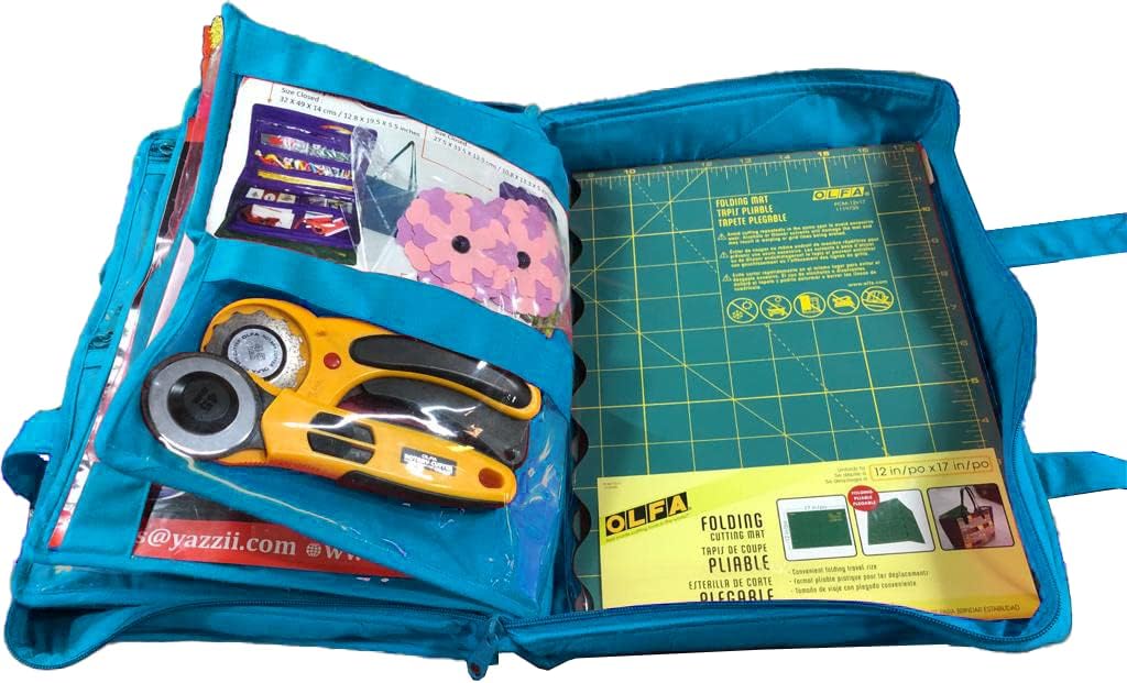 Yazzii Quilter’s Project Bag with 19 Pockets - Portable Storage Bag Organizer - Multipurpose Storage Organizer for Quilting, Patchwork, Embroidery, Needlework, Papercraft & Beading-Aqua