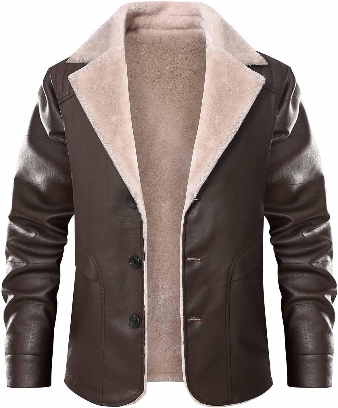 XUNRYAN Mens Faux-Leather Sherpa Jackets Fleece Lined Motorcycle Bomber Zip Up Jacket Vintage Winter Thick Warm Coat Pockets