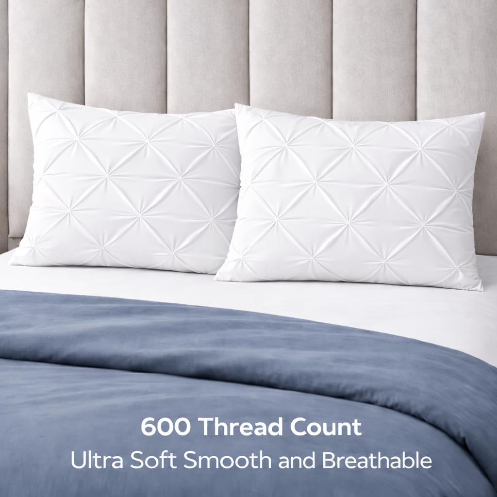 Pinch Pleated Pillow Shams with Hidden Zipper – 600 Thread Count 100% Egyptian Cotton – Standard Size 20x26, Soft Luxury Decorative Bed Pillow Covers – White (Set of 2) - Image 2