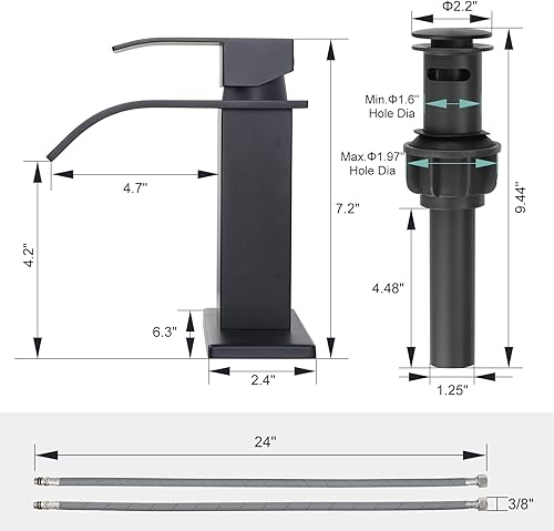 Miniatura 6 de ARCORA Grifo de baño en cascada negro mate para lavabo de baño, grifo mezclador de una sola manija, grifo de tocador con placa de cubierta y drenaje