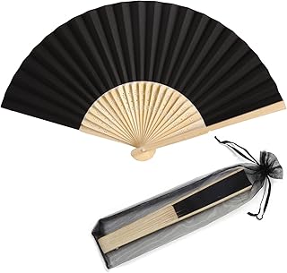 50pcs Paper Hand Fan with Organza Bags Bamboo Handheld Folding Fan DIY Decorative Wedding Party Favors (Black)