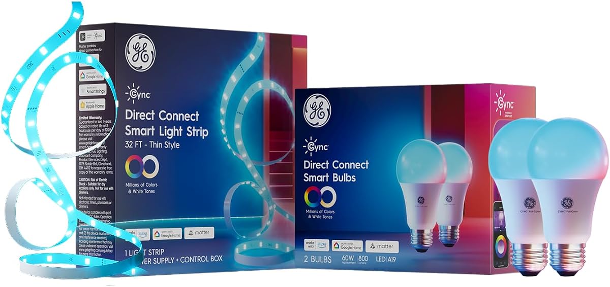 Kit de iluminación inteligente GE Cync: bombillas inteligentes a todo color + tira de luz LED, compatible con Matter, WiFi, aplicación y control por voz, no requiere concentrador