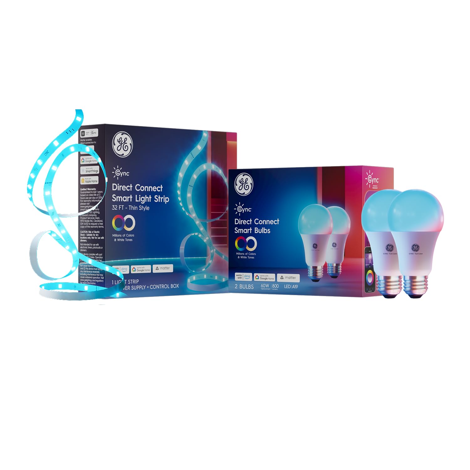 Cync GE Smart Lighting Kit – Full Color Smart Bulbs + LED Light Strip, Matter Compatible, WiFi, App & Voice Control, No Hub Required