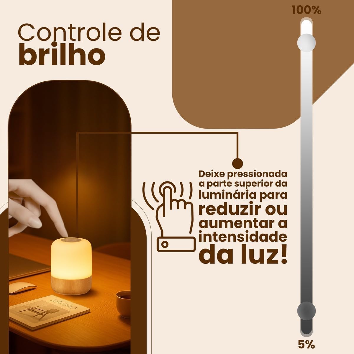 Luminária de Mesa Abajur de Cabeçeira Sem Fio Recarregável 3 Modos de Iluminação 360° LED Botão Touch Para Criado Mudo Estudos Trabalho Quarto Escritório Sala Decoração e Leitura