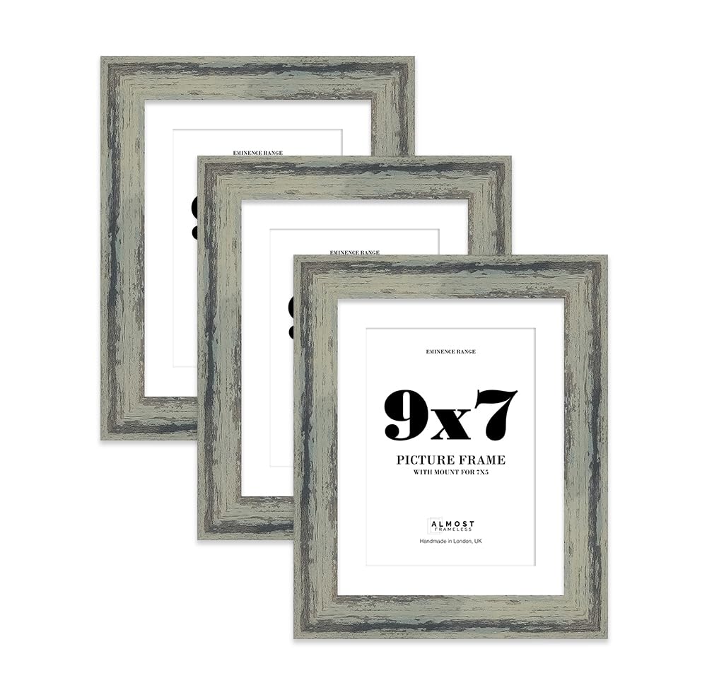 9x7" Distressed Green Picture Frame with 7x5" Mount - Rustic Photo Frame with Distressed Finish, Wall Hooks and Kickstand, 32mm Edge - 3 Pack