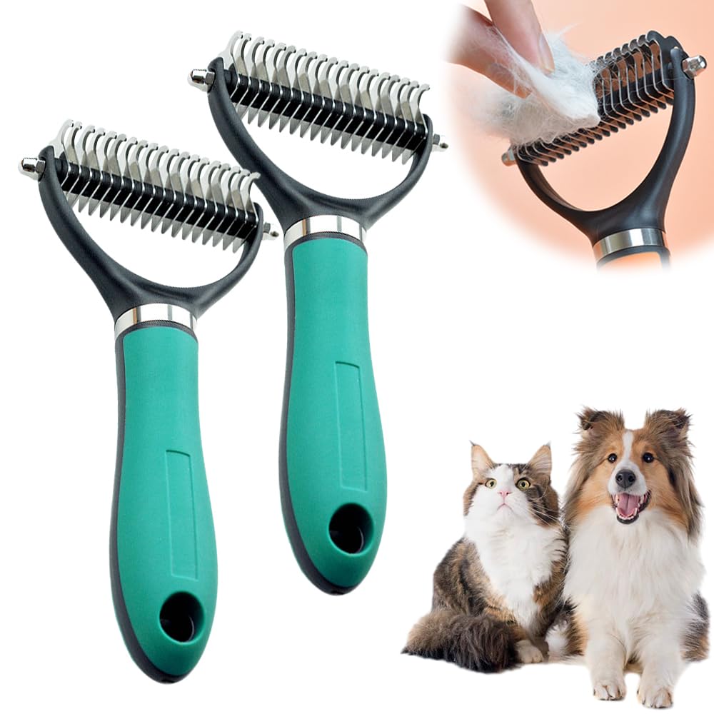 Pet Grooming Brush, 2026 Upgrade Dematting Comb for Dog and Cat, Double Sided Shedding & Dematting Rake, Undercoat Brush for Long Haired Cats and Dogs (Green,2Pcs)