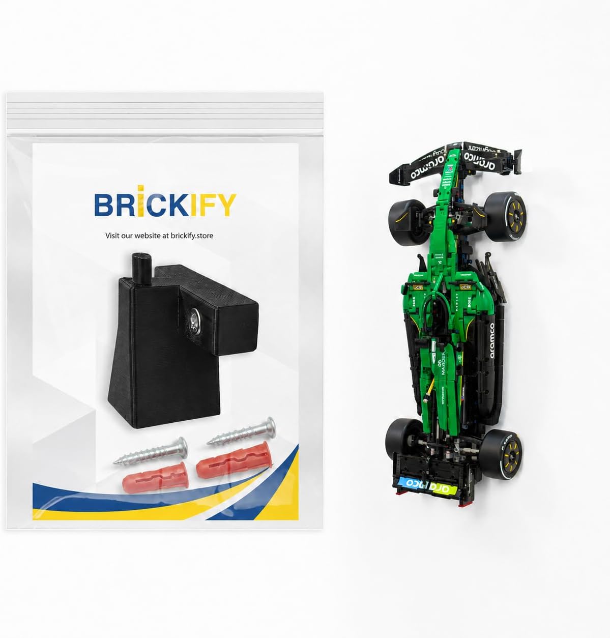 Uchwyt ścienny kompatybilny z LEGO Technic Aston Martin AMR25 F1 42240 - wyprodukowany w Wielkiej Brytanii - samochód nie jest dołączony - sprzęt w zestawie