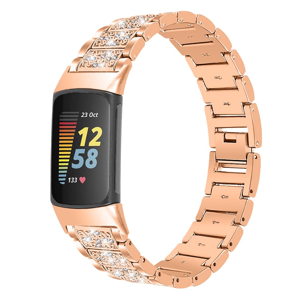 Gimuk Metal Strap Compatible with Fitbit Charge 6/Charge 5 Strap for Women Men, Adjustable Stainless Steel Bling Glitter Diamond Sport Wristband Replacement band Strap for Fitbit Charge 6 (Rose Gold)