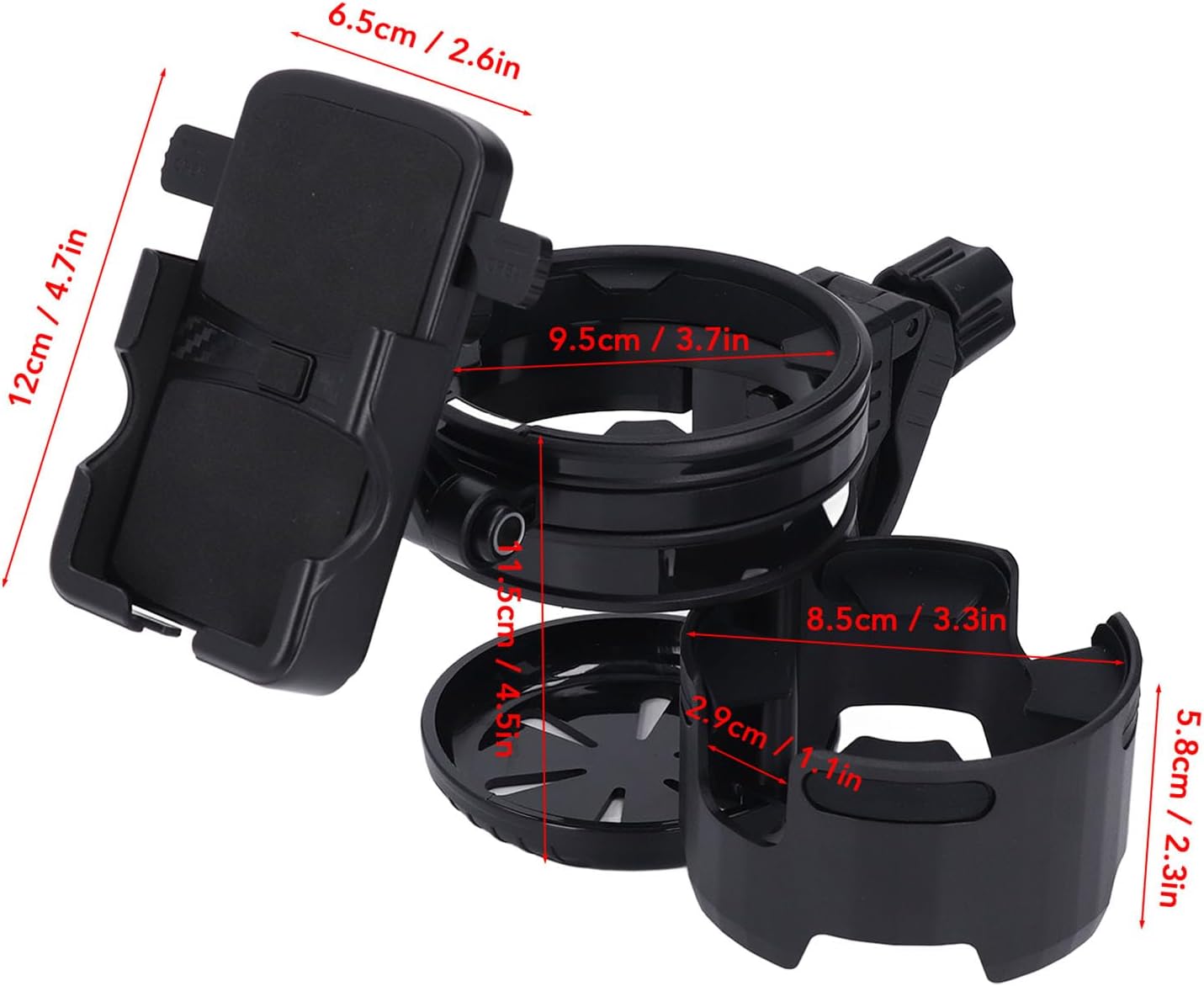 Bike Cup Holder Handlebar with Phone Key Holder, 3 in 1 Dual Cup Attachment for Treadmill, for Strollers, Bikes, Motorcycles, Thickened