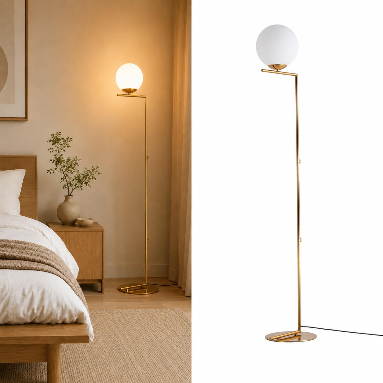 Barcelona lampa podłogowa LED lata E27, szkło opal, Ø 22 cm, złoty