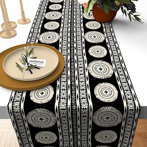 Black And Beige Bohemian Table Runner - Southwestern Boho Aztec Design Table Linen, Various Sizes, Tassel Mandala Print Dining Table Runner (14 X 40) #TOP11