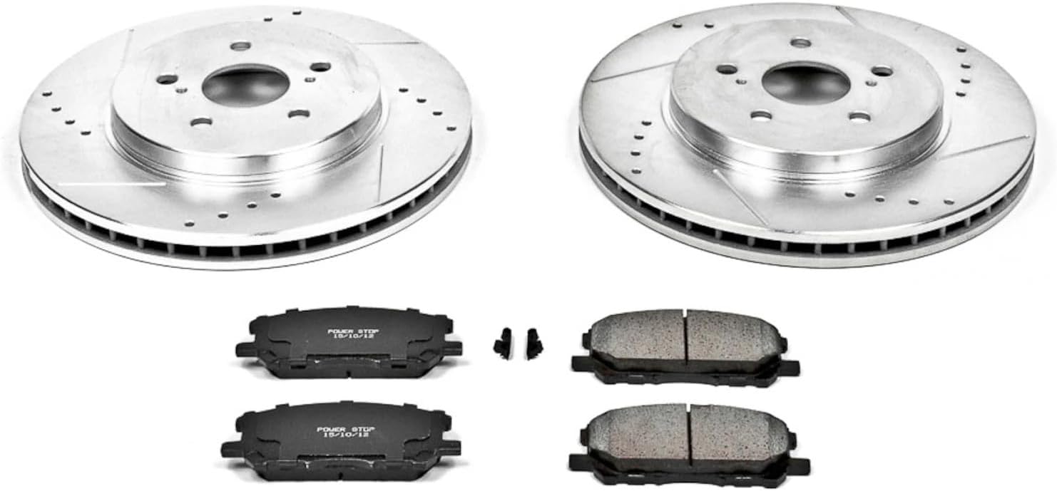 PowerStop Front Brake Kit For Lexus RX330 2004-06 |RX350 2007-09 |RX400h 2006-08 |Toyota Highlander 2006-07 - Drilled and Slotted Disc Rotors with Ceramic Brake Pads Replacement, K196
