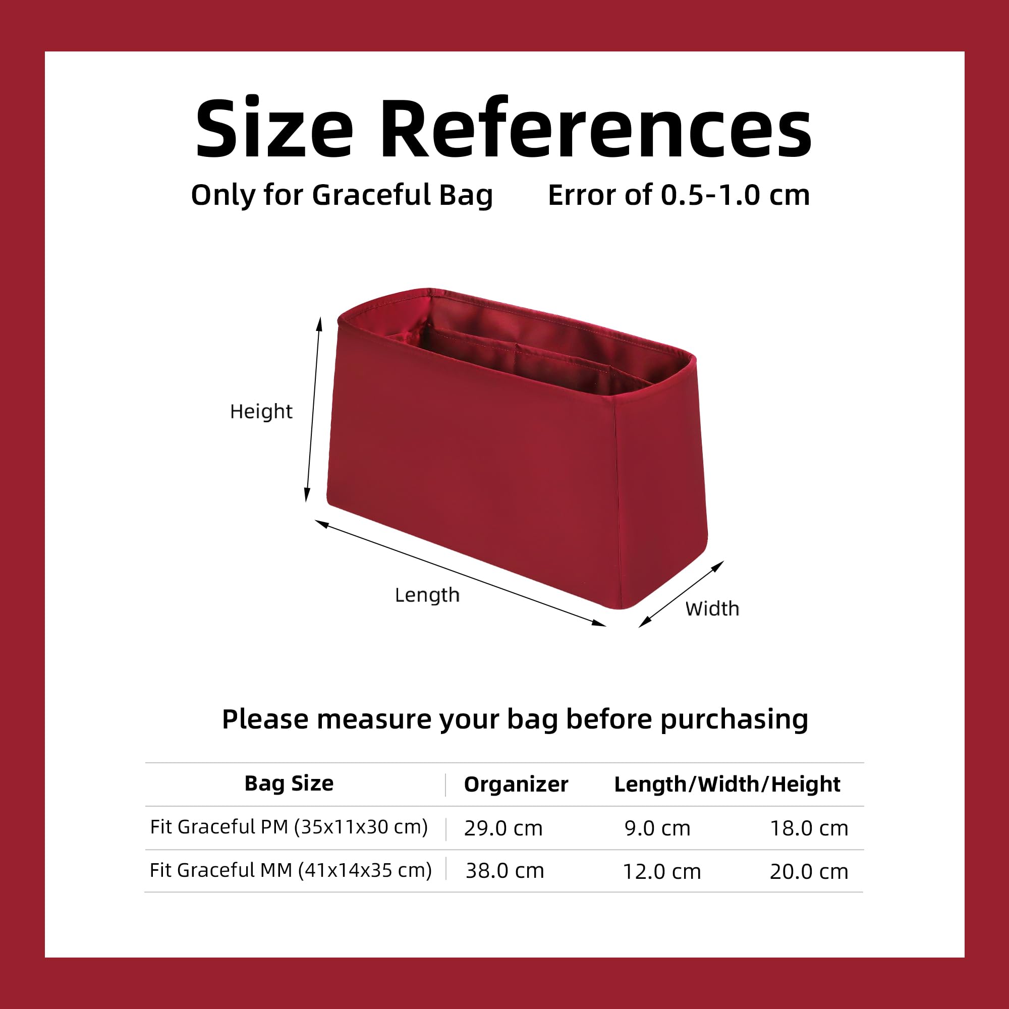 DGAZ Satin Handtaschen Organizer für Graceful PM, Tascheneinsatz, Weinrot
