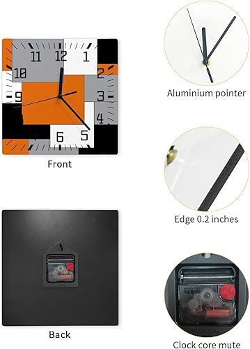 Miniatura 2 de Reloj de pared de madera naranja, negro y gris, silencioso, sin tictac, bloque de color geográfico irregular, arte abstracto, reloj de pared